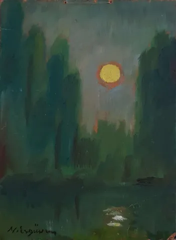 NURETTİN ERGÜVEN — “İsimsiz” "İsimsiz" eseri NURETTİN ERGÜVEN tarafından 27x19 cm ölçülerinde Duralit üzeri yağlı boya tekniği ile yapılmıştır.