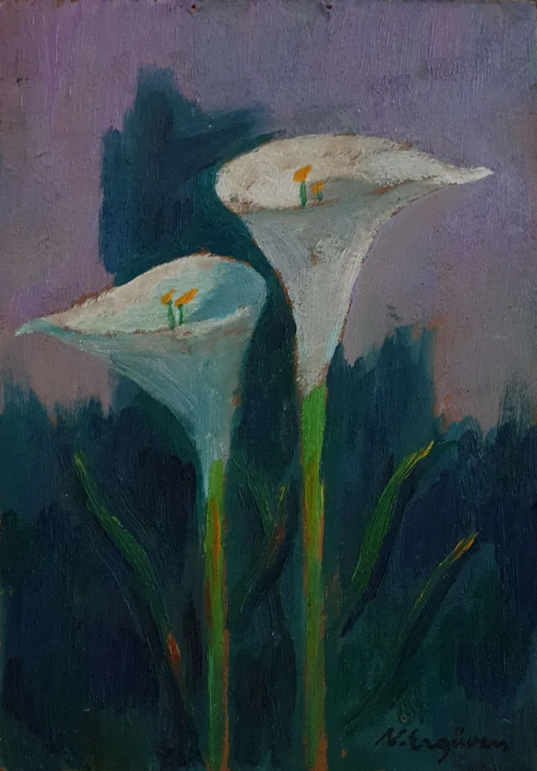 "İsimsiz" eseri NURETTİN ERGÜVEN tarafından 27x19 cm ölçülerinde Duralit üzeri yağlı boya tekniği ile yapılmıştır.