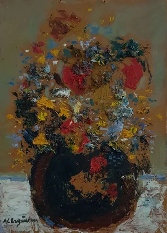 NURETTİN ERGÜVEN — “İsimsiz” "İsimsiz" eseri NURETTİN ERGÜVEN tarafından 27x19 cm ölçülerinde Duralit üzeri yağlı boya tekniği ile yapılmıştır.