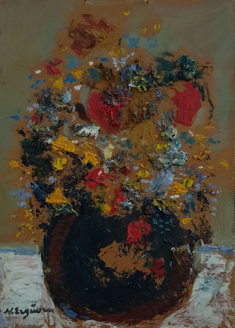 yakınlaştır "İsimsiz" eseri NURETTİN ERGÜVEN tarafından 27x19 cm ölçülerinde Duralit üzeri yağlı boya tekniği ile yapılmıştır.
