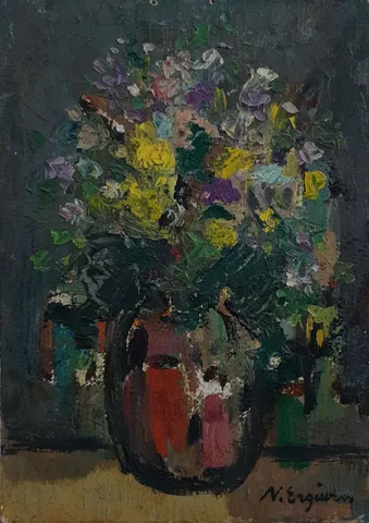 NURETTİN ERGÜVEN — “İsimsiz” "İsimsiz" eseri NURETTİN ERGÜVEN tarafından 27x19 cm ölçülerinde Duralit üzeri yağlı boya tekniği ile yapılmıştır.