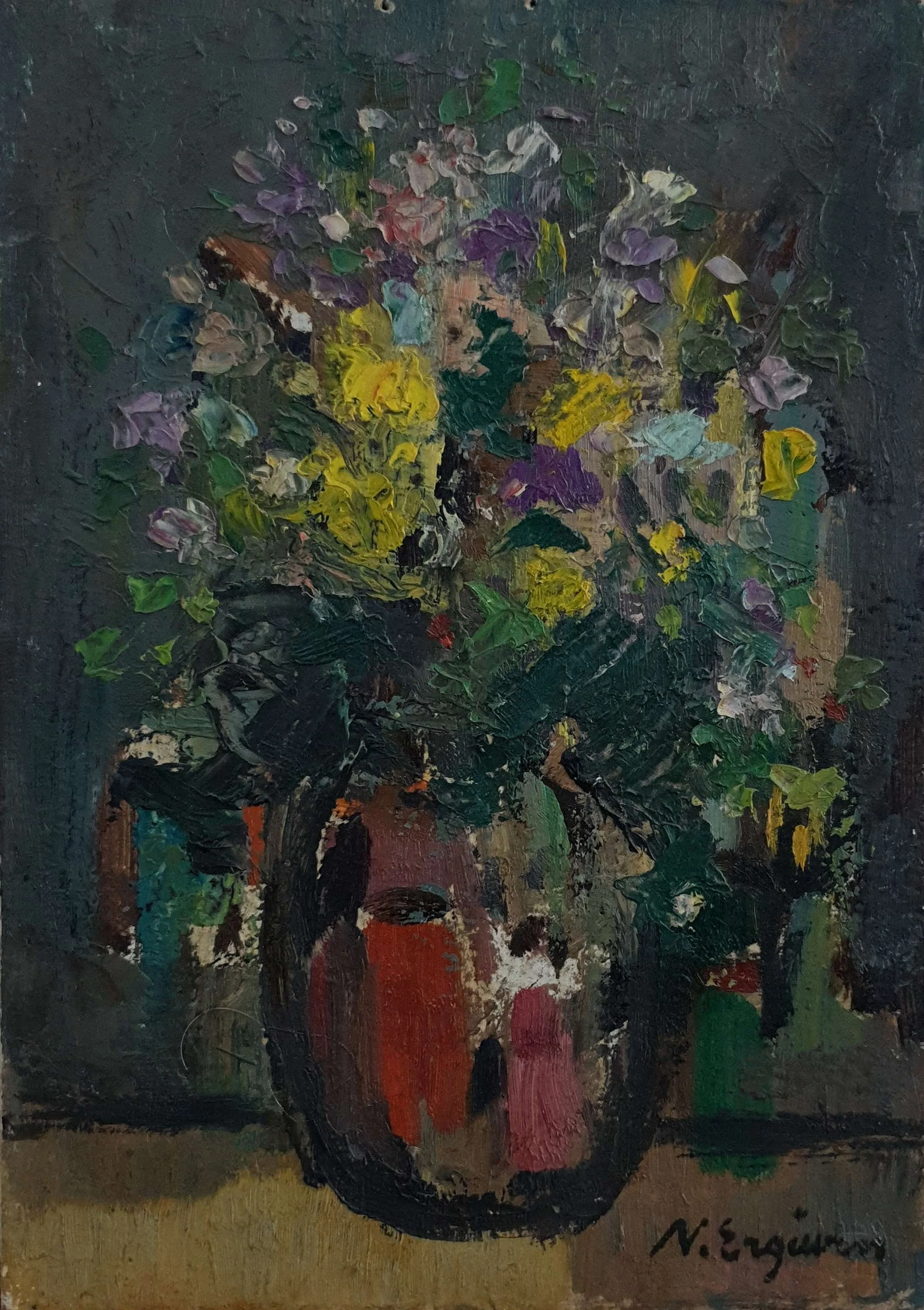 "İsimsiz" eseri NURETTİN ERGÜVEN tarafından 27x19 cm ölçülerinde Duralit üzeri yağlı boya tekniği ile yapılmıştır.