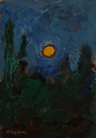 "İsimsiz" eseri NURETTİN ERGÜVEN tarafından 27x19 cm ölçülerinde Duralit üzeri yağlı boya tekniği ile yapılmıştır.