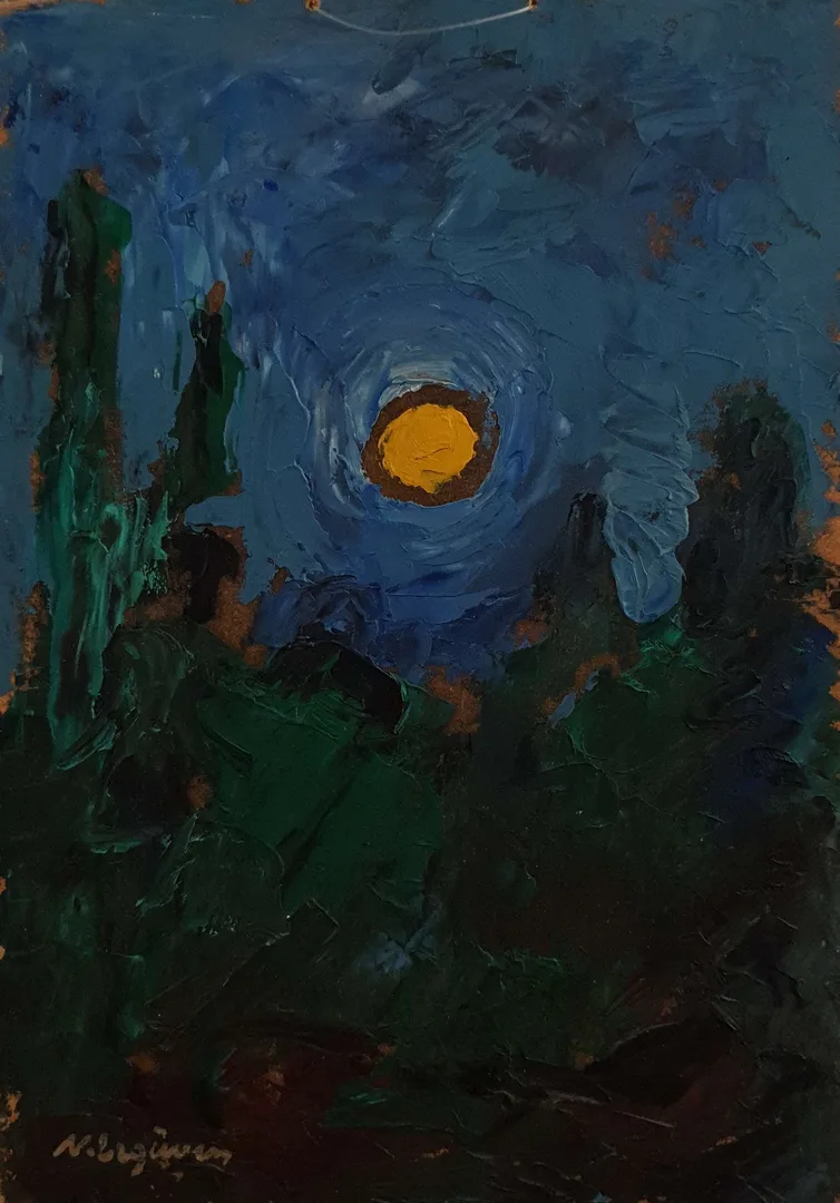 yakınlaştır "İsimsiz" eseri NURETTİN ERGÜVEN tarafından 27x19 cm ölçülerinde Duralit üzeri yağlı boya tekniği ile yapılmıştır.