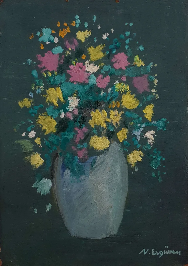 "İsimsiz" eseri NURETTİN ERGÜVEN tarafından 27x19 cm ölçülerinde Duralit üzeri yağlı boya tekniği ile yapılmıştır.