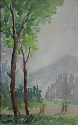 "İsimsiz" eseri NÜZHET İSLİMYELİ tarafından 1992 yılında 25x16 cm ölçülerinde Kağıt üzeri sulu boya tekniği ile yapılmıştır.
