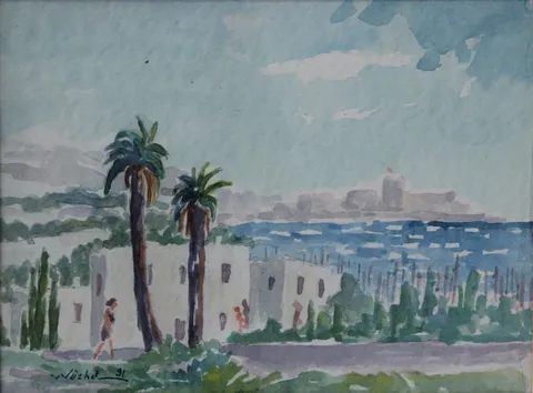 "Bodrum" eseri NÜZHET İSLİMYELİ tarafından 1991 yılında 18x24 cm ölçülerinde Kağıt üzeri sulu boya tekniği ile yapılmıştır.