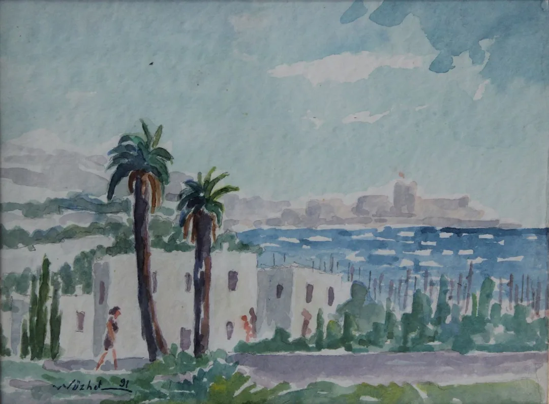 "Bodrum" eseri NÜZHET İSLİMYELİ tarafından 1991 yılında 18x24 cm ölçülerinde Kağıt üzeri sulu boya tekniği ile yapılmıştır.