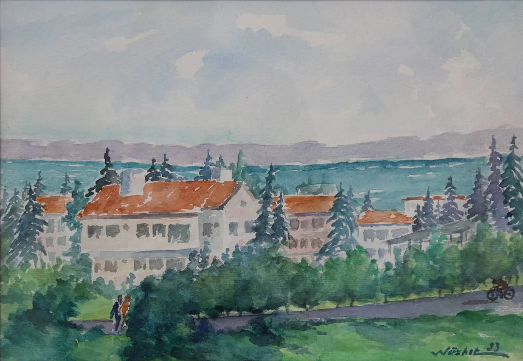 "Peyzaj" eseri NÜZHET İSLİMYELİ tarafından 1993 yılında 25x35 cm ölçülerinde Kağıt üzeri sulu boya tekniği ile yapılmıştır.