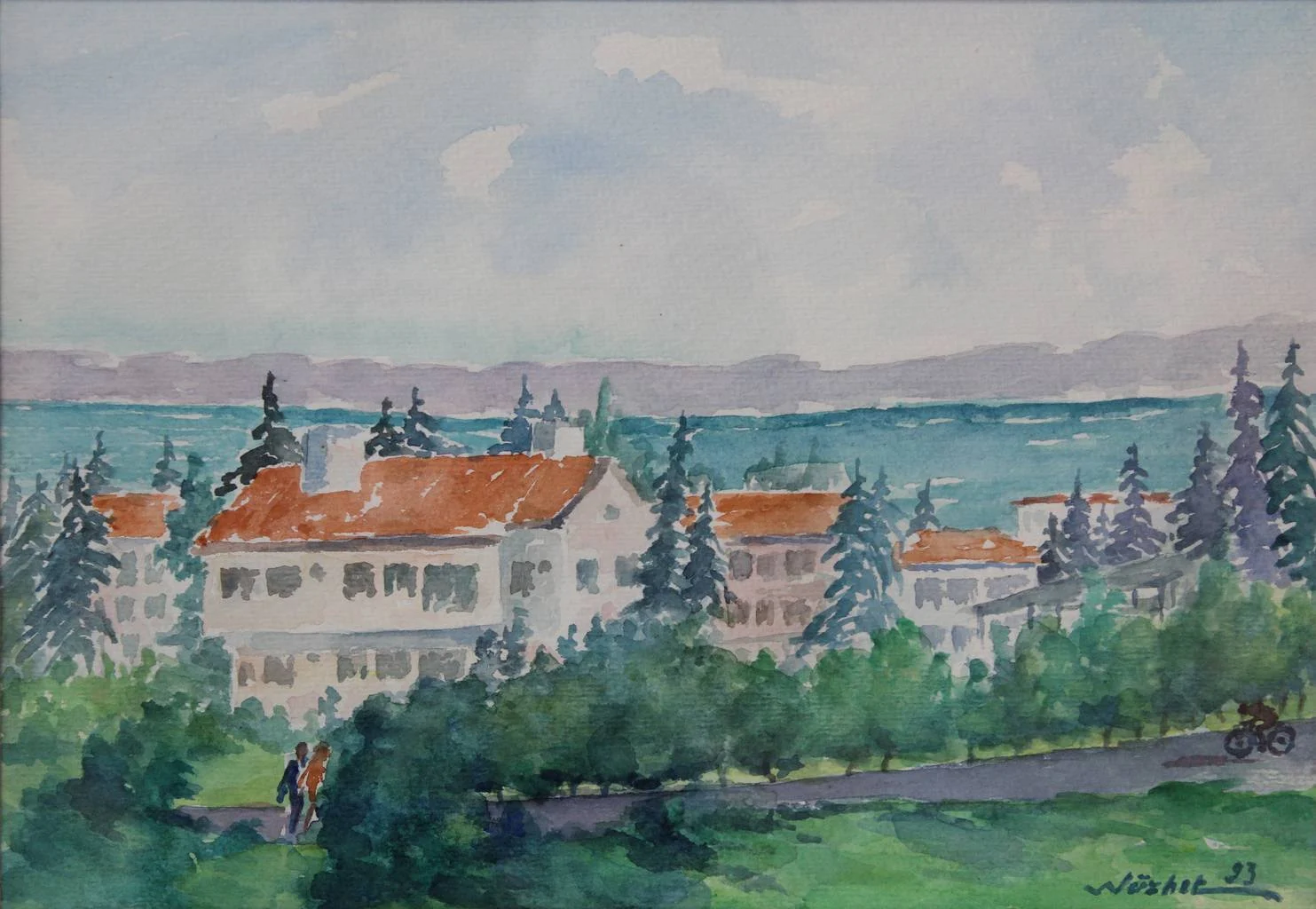 "Peyzaj" eseri NÜZHET İSLİMYELİ tarafından 1993 yılında 25x35 cm ölçülerinde Kağıt üzeri sulu boya tekniği ile yapılmıştır.