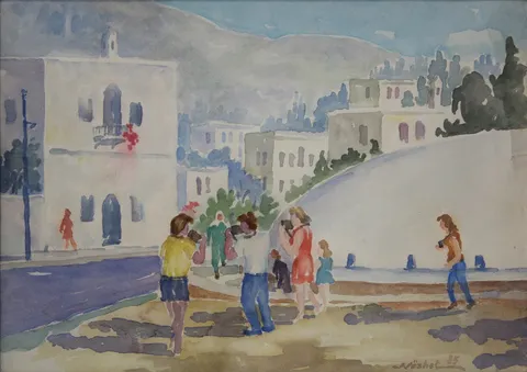 NÜZHET İSLİMYELİ — “Bodrumda Sarnıç” "Bodrumda Sarnıç" eseri NÜZHET İSLİMYELİ tarafından 25x35 cm ölçülerinde Kağıt üzeri sulu boya tekniği ile yapılmıştır.