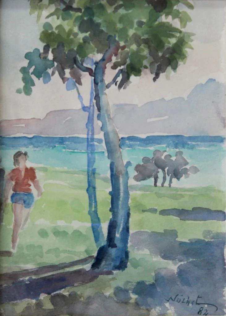 yakınlaştır "Peyzaj" eseri NÜZHET İSLİMYELİ tarafından 1982 yılında 19x14 cm ölçülerinde Kağıt üzeri sulu boya tekniği ile yapılmıştır.