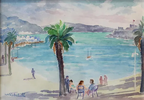 "Bodrum" eseri NÜZHET İSLİMYELİ tarafından 24x34 cm ölçülerinde Kağıt üzeri sulu boya tekniği ile yapılmıştır.