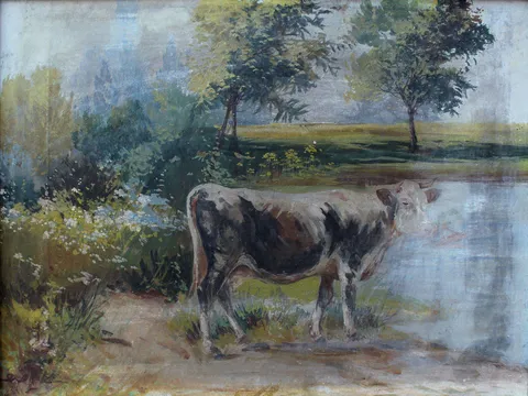 "İnekli Manzara" eseri OSMAN ASAF tarafından 28x35 cm ölçülerinde Duralit üzeri yağlı boya tekniği ile yapılmıştır.