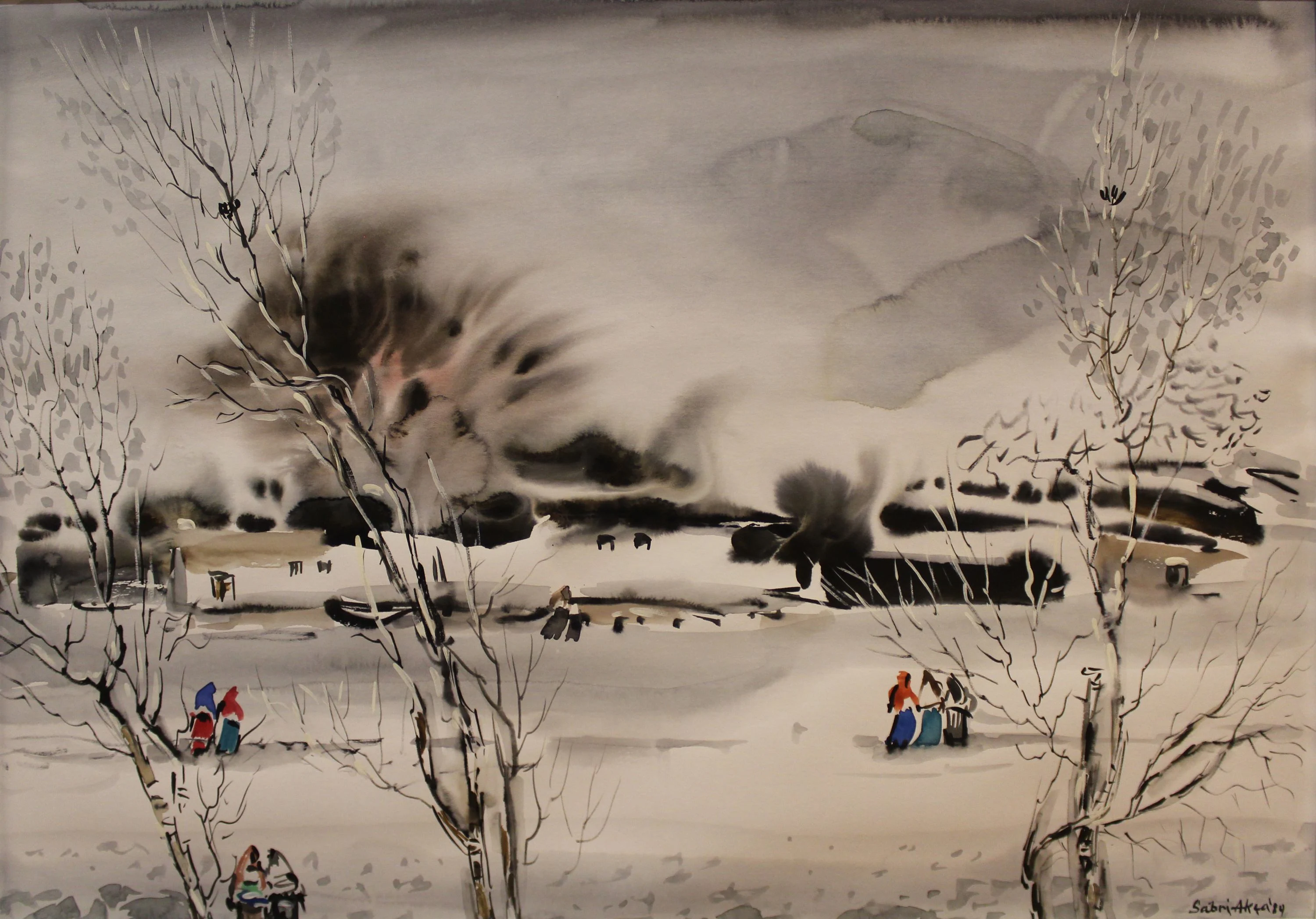 "İsimsiz" eseri SABRİ AKÇA tarafından 1989 yılında 34x46 cm ölçülerinde Kağıt üzeri sulu boya tekniği ile yapılmıştır.