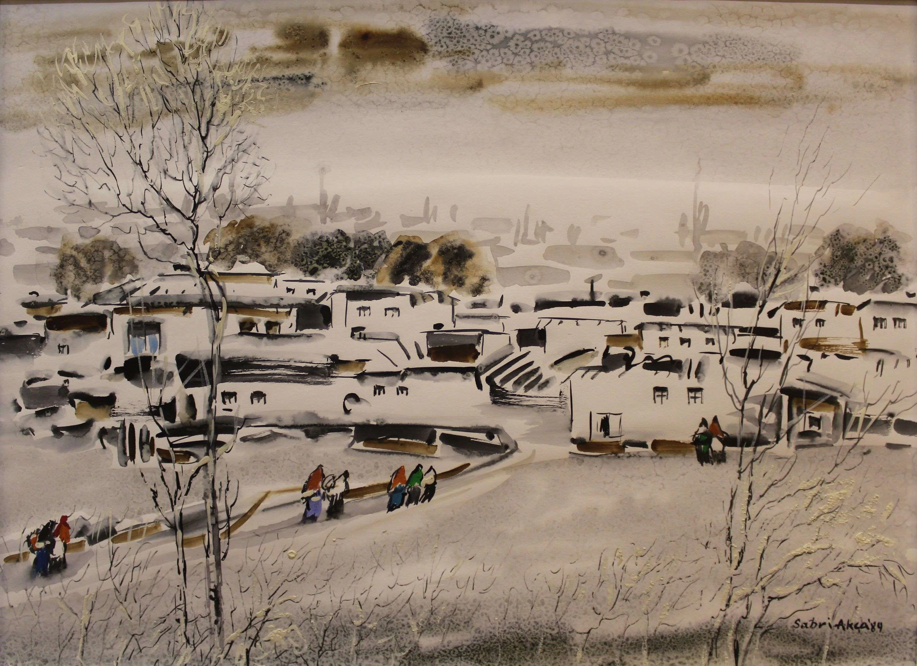 "İsimsiz" eseri SABRİ AKÇA tarafından 1989 yılında 34x46 cm ölçülerinde Kağıt üzeri sulu boya tekniği ile yapılmıştır.