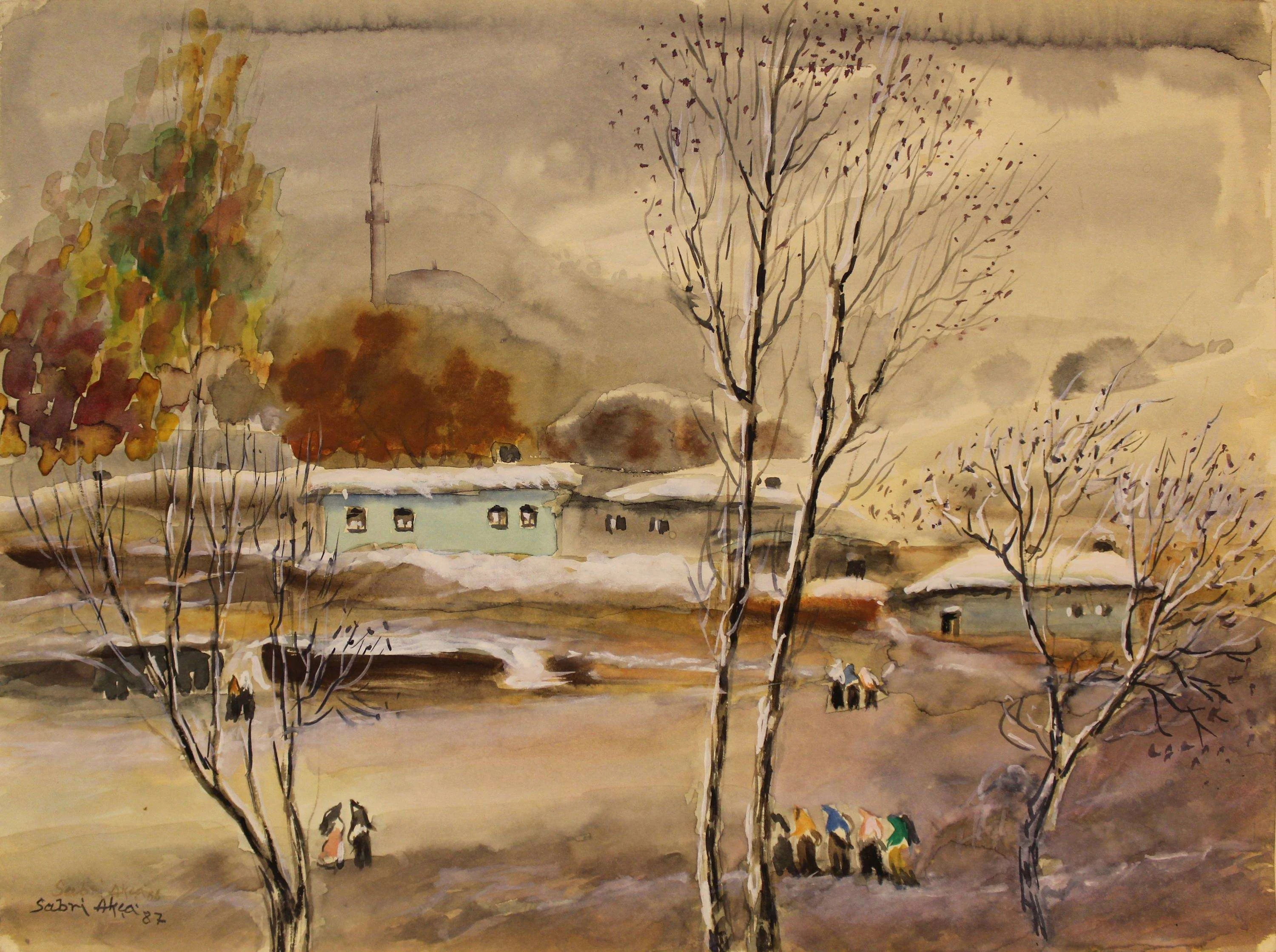 "İsimsiz" eseri SABRİ AKÇA tarafından 1987 yılında 34x46 cm ölçülerinde Kağıt üzeri sulu boya tekniği ile yapılmıştır.