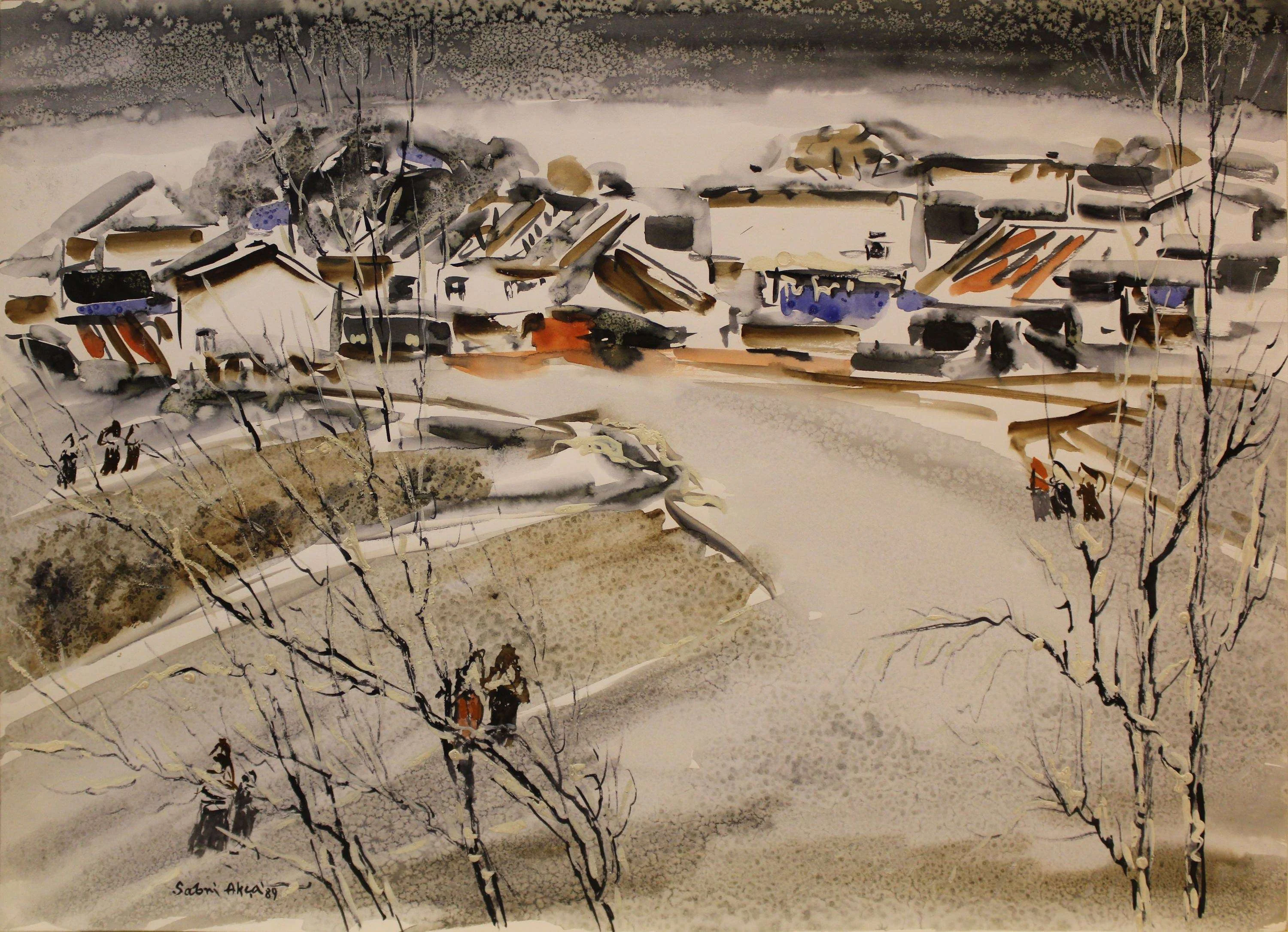 "İsimsiz" eseri SABRİ AKÇA tarafından 1989 yılında 34x46 cm ölçülerinde Kağıt üzeri sulu boya tekniği ile yapılmıştır.