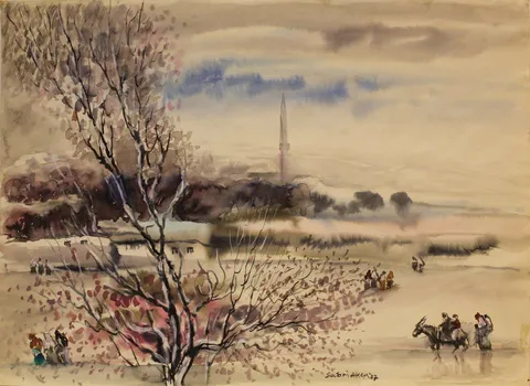 SABRİ AKÇA — “İsimsiz”, 1987 "İsimsiz" eseri SABRİ AKÇA tarafından 1987 yılında 34x47 cm ölçülerinde Kağıt üzeri sulu boya tekniği ile yapılmıştır.