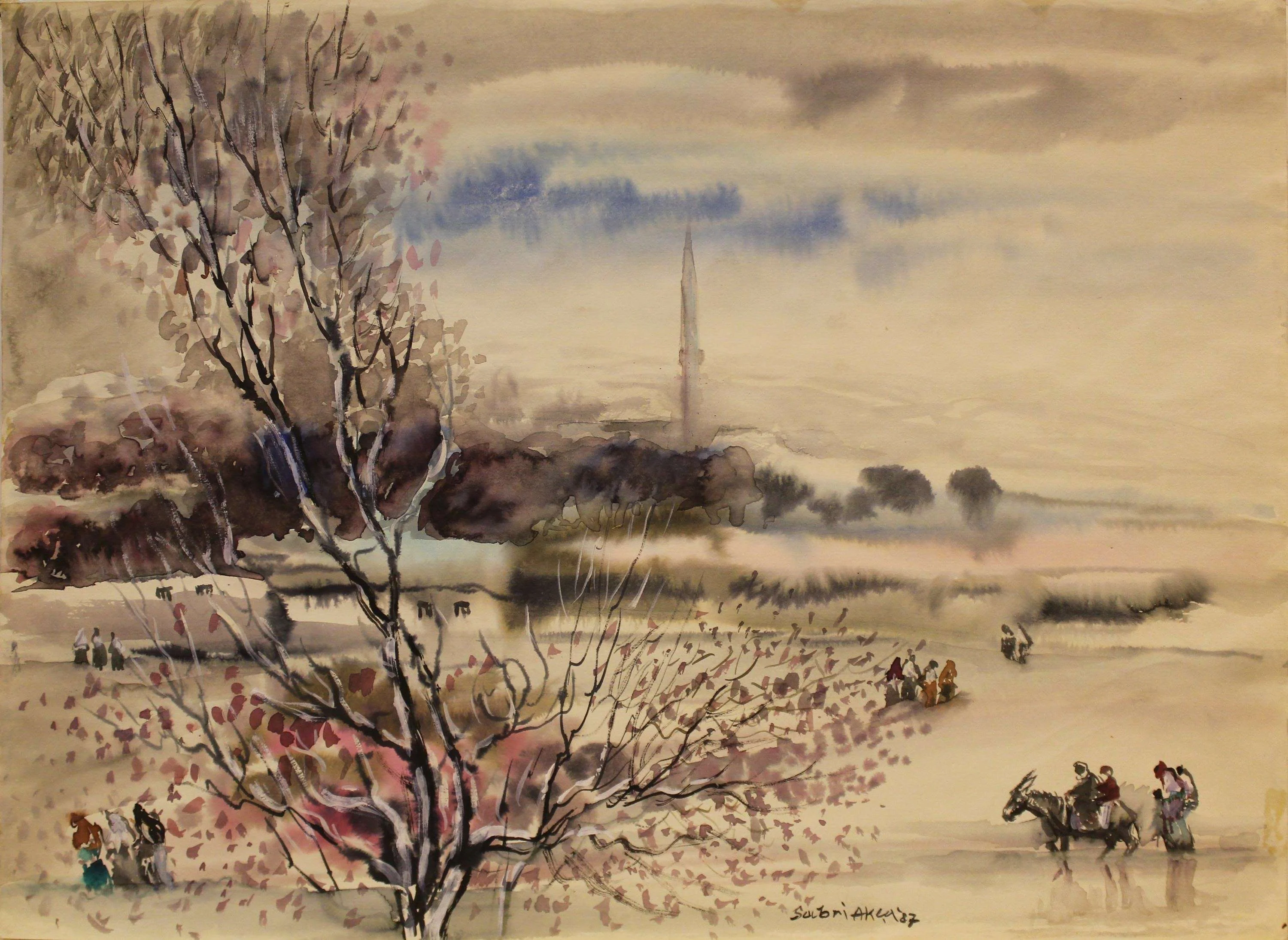 "İsimsiz" eseri SABRİ AKÇA tarafından 1987 yılında 34x47 cm ölçülerinde Kağıt üzeri sulu boya tekniği ile yapılmıştır.