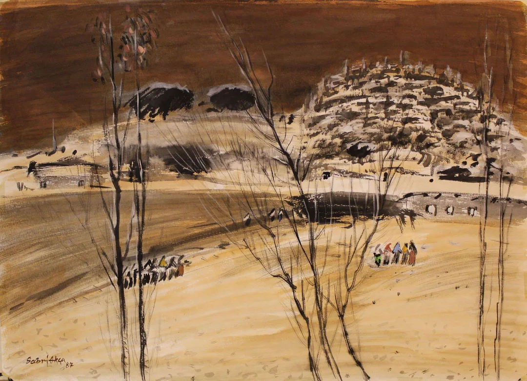 "İsimsiz" eseri SABRİ AKÇA tarafından 1987 yılında 35x48 cm ölçülerinde Kağıt üzeri sulu boya tekniği ile yapılmıştır.