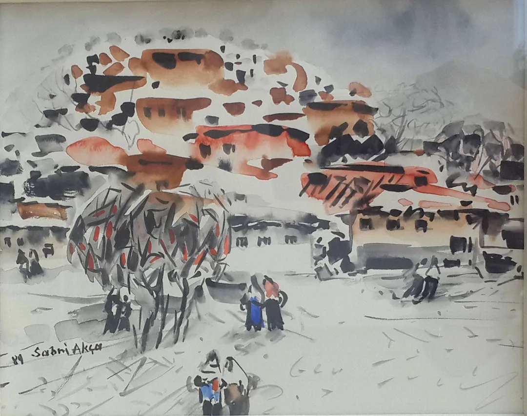 yakınlaştır "İsimsiz" eseri SABRİ AKÇA tarafından 1989 yılında 16x20 cm ölçülerinde Kağıt üzeri sulu boya tekniği ile yapılmıştır.