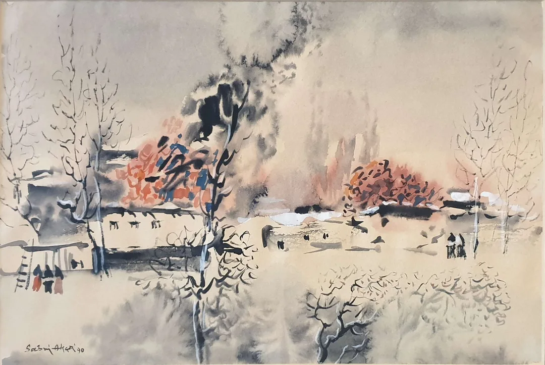 yakınlaştır "İsimsiz" eseri SABRİ AKÇA tarafından 1990 yılında 25x34 cm ölçülerinde Kağıt üzeri sulu boya tekniği ile yapılmıştır.