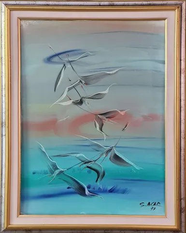 "Flamingolar" eseri SALİH ACAR tarafından 1997 yılında 68x48 cm ölçülerinde Pres tuval üzeri yağlı boya tekniği ile yapılmıştır.