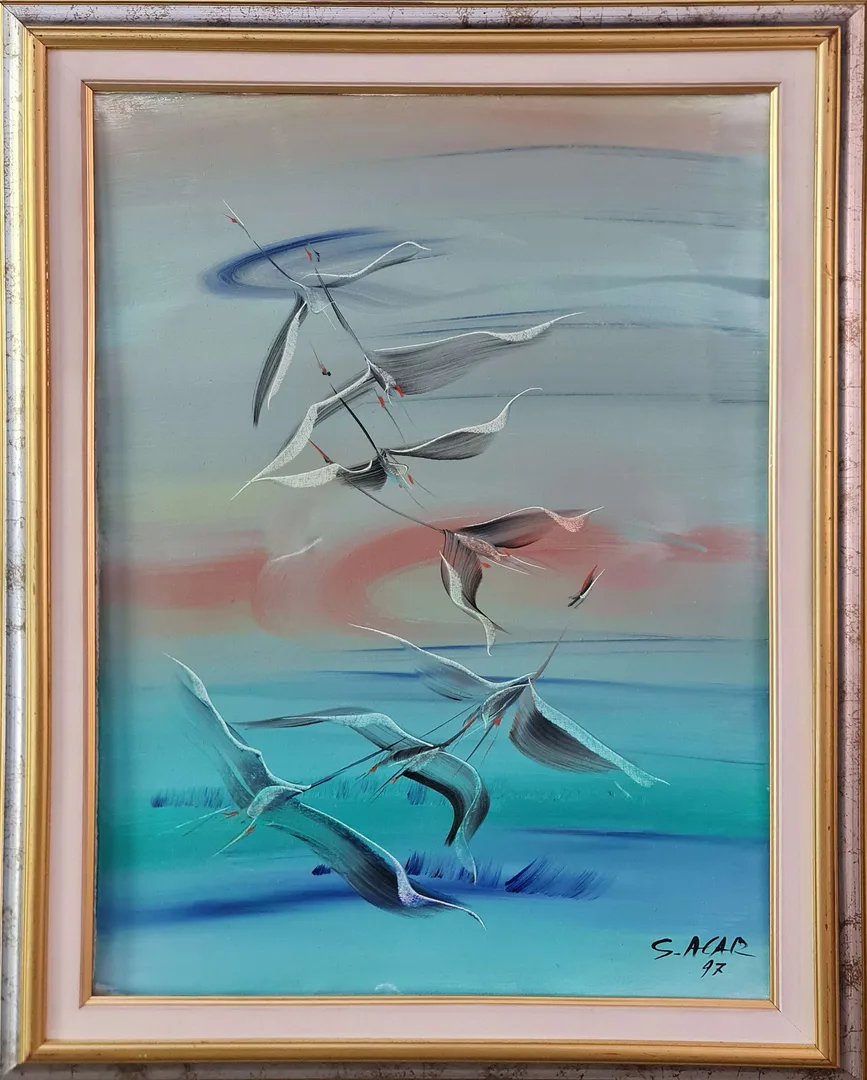 yakınlaştır "Flamingolar" eseri SALİH ACAR tarafından 1997 yılında 68x48 cm ölçülerinde Pres tuval üzeri yağlı boya tekniği ile yapılmıştır.