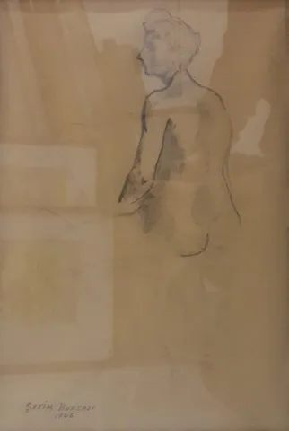 ŞEFİK BURSALI — “İsimsiz”, 1946 "İsimsiz" eseri ŞEFİK BURSALI tarafından 1946 yılında 30x19 cm ölçülerinde Kağıt üzeri kara kalem tekniği ile yapılmıştır.