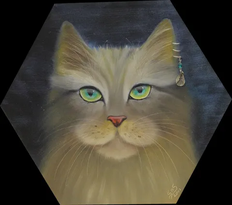"Altıgen Küpeli Kedi" eseri SERAP SELÇUK ATABAŞ tarafından 2001 yılında 30x33 cm ölçülerinde Tuval üzeri yağlı boya tekniği ile yapılmıştır.