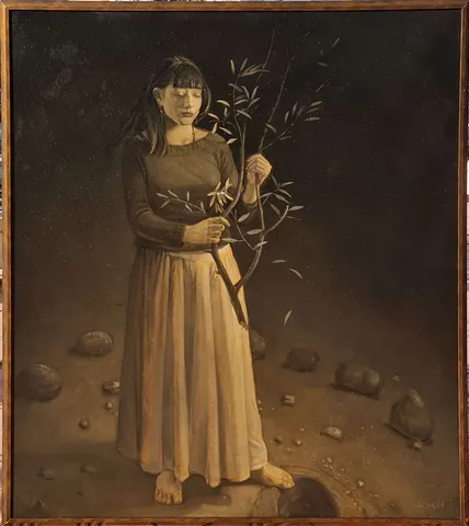 SERTAP YEĞİN — “Zeytin Dalı Tutan Kadın”, 2012 "Zeytin Dalı Tutan Kadın" eseri SERTAP YEĞİN tarafından 2012 yılında 160x140 cm ölçülerinde Tuval üzeri yağlı boya tekniği ile yapılmıştır.