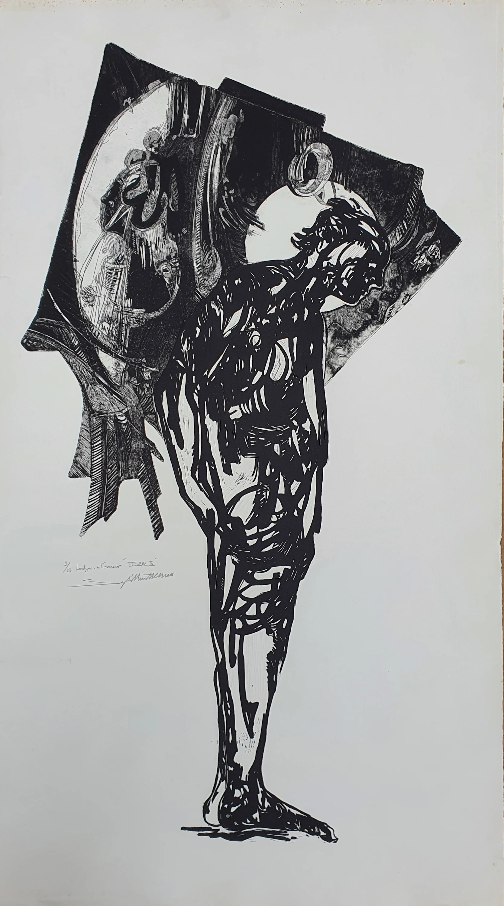"Ezik 2" eseri SEYDİ MURAT KOÇ tarafından 2005 yılında 105x55 cm ölçülerinde Linolyum Baskı tekniği ile yapılmıştır.