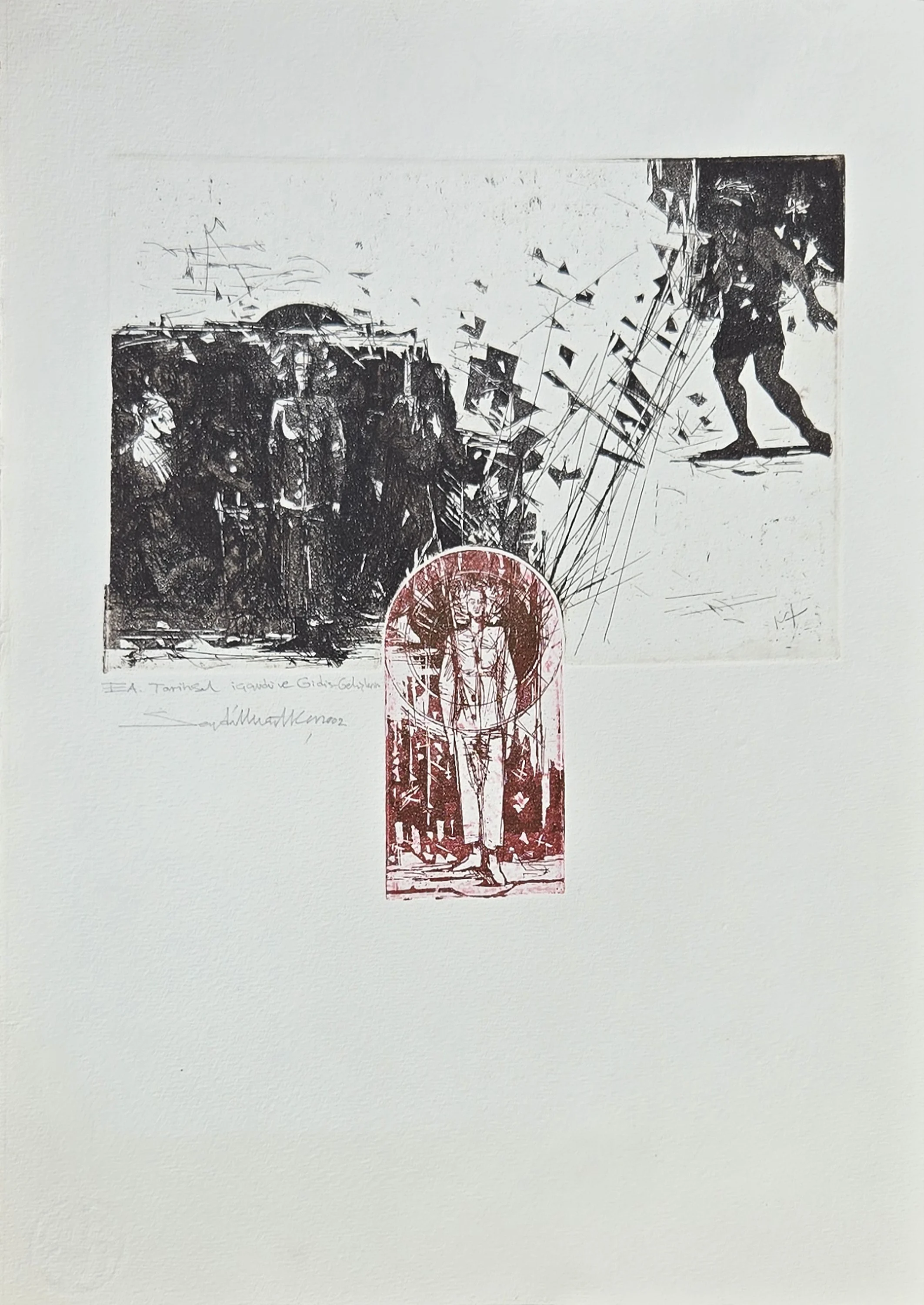 "Tarihsel içgüdü ve gidiş gelişleri" eseri SEYDİ MURAT KOÇ tarafından 2002 yılında 42x30 cm ölçülerinde Gravür tekniği ile yapılmıştır.