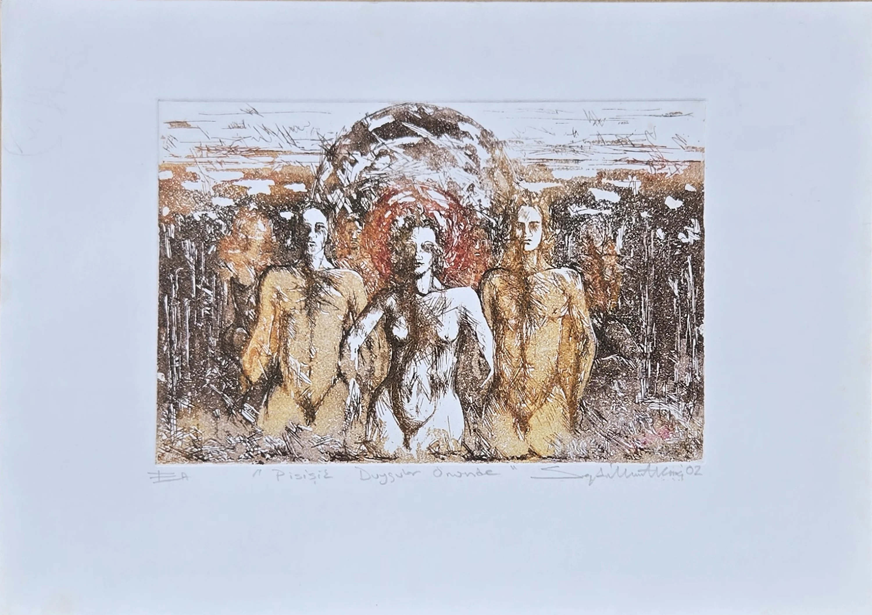 "Pisişik Duygular Önünde" eseri SEYDİ MURAT KOÇ tarafından 2002 yılında 22x30 cm ölçülerinde Gravür tekniği ile yapılmıştır.