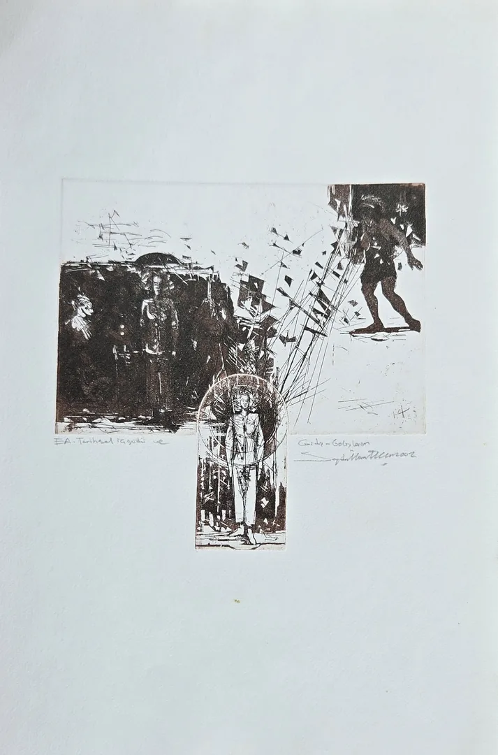 yakınlaştır "Tarihsel içgüdü ve gidiş gelişleri" eseri SEYDİ MURAT KOÇ tarafından 2002 yılında 50x32 cm ölçülerinde Gravür tekniği ile yapılmıştır.