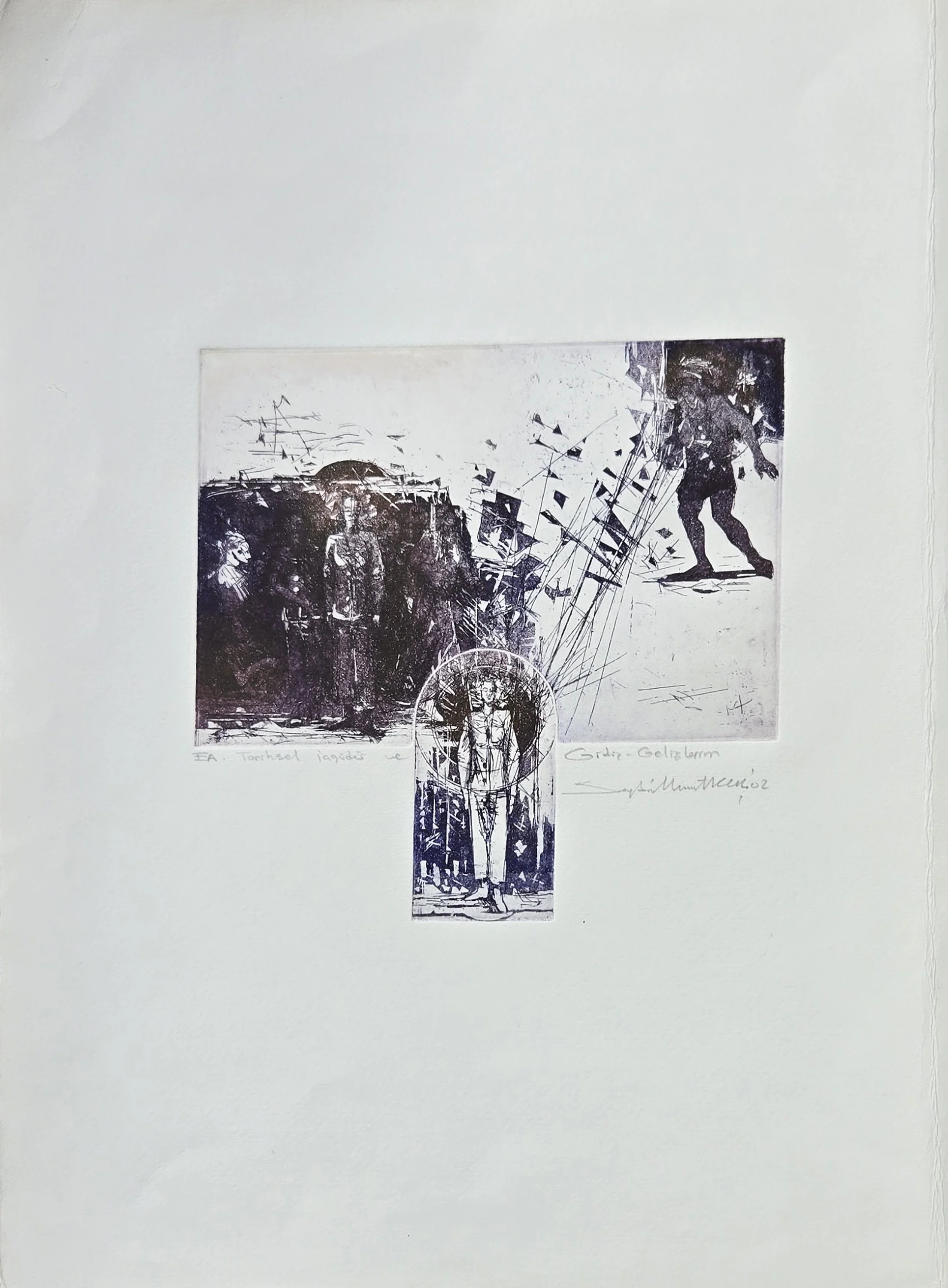 "Tarihsel içgüdü ve gidiş gelişleri" eseri SEYDİ MURAT KOÇ tarafından 2002 yılında 54x38 cm ölçülerinde Gravür tekniği ile yapılmıştır.