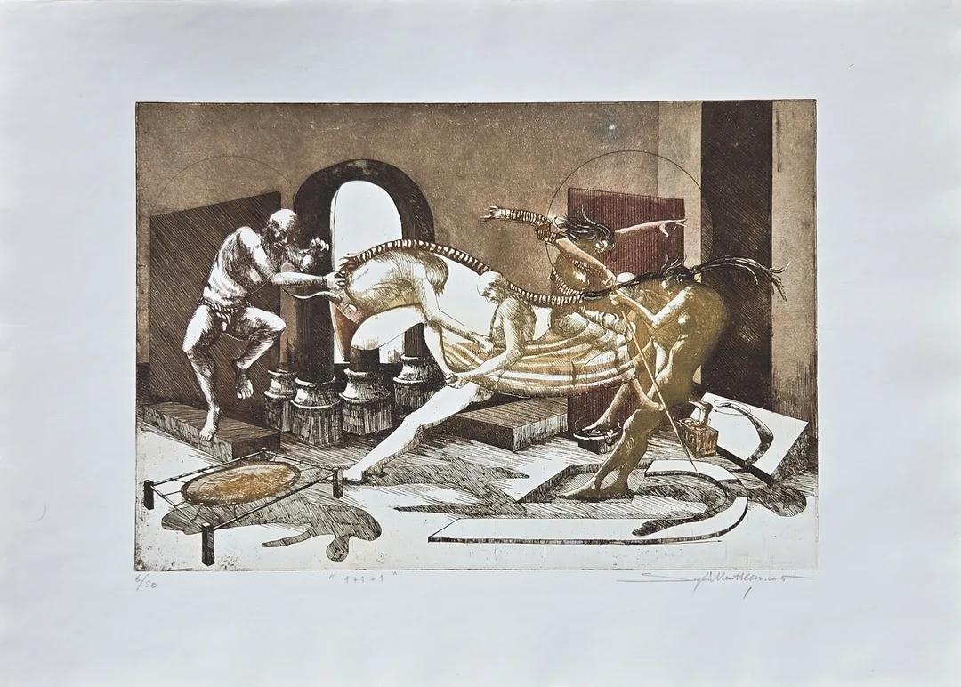 "Bir +1 = 1" eseri SEYDİ MURAT KOÇ tarafından 2005 yılında 50x70 cm ölçülerinde Gravür tekniği ile yapılmıştır.