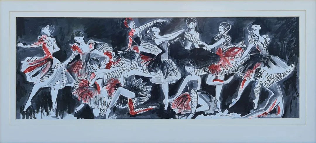 "Balerinler" eseri SİBEL NUTKU ÇETİN tarafından 1999 yılında 27x76 cm ölçülerinde Kağıt üzeri karışık teknik tekniği ile yapılmıştır.