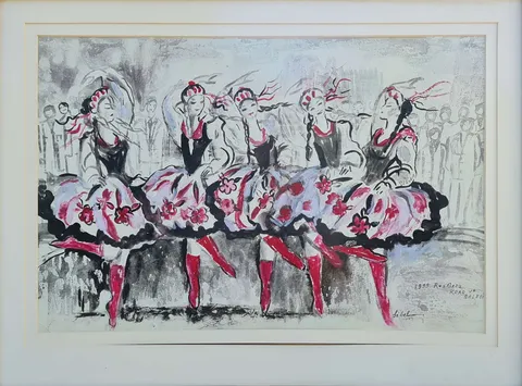 "Rus Ordu Koro ve Balesi" eseri SİBEL NUTKU ÇETİN tarafından 1999 yılında 36x55 cm ölçülerinde Kağıt üzeri karışık teknik tekniği ile yapılmıştır.