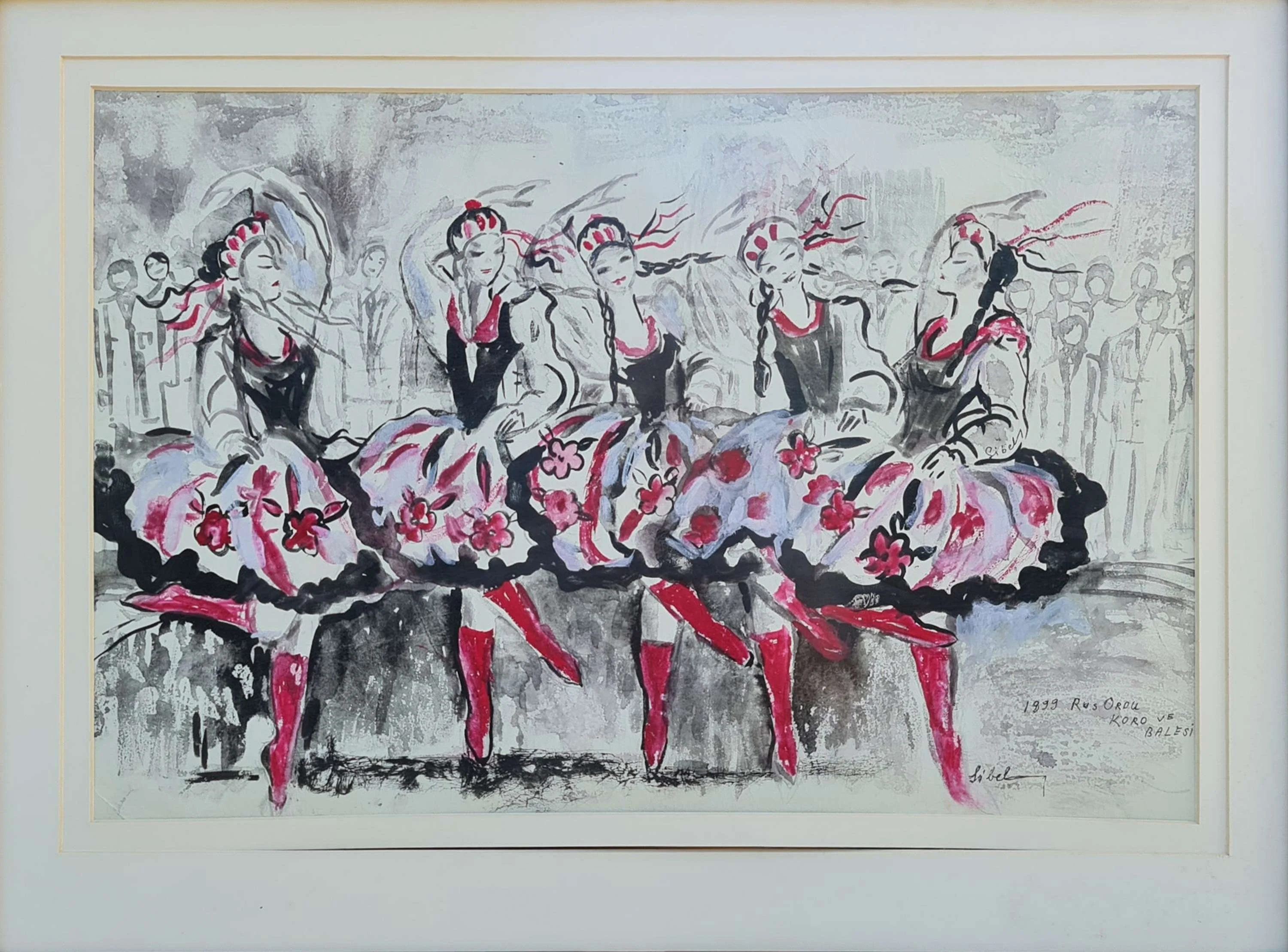 "Rus Ordu Koro ve Balesi" eseri SİBEL NUTKU ÇETİN tarafından 1999 yılında 36x55 cm ölçülerinde Kağıt üzeri karışık teknik tekniği ile yapılmıştır.