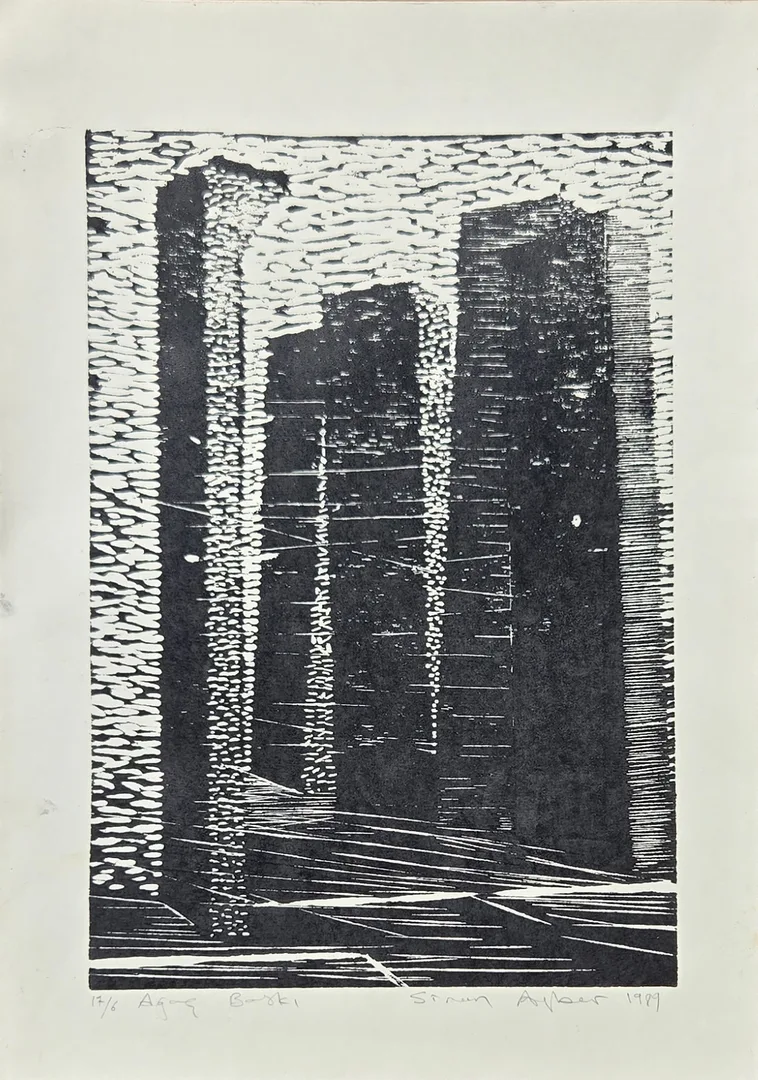 "Ahlat Mezar Taşları" eseri SİNAN AYBER tarafından 1989 yılında 50x70 cm ölçülerinde Ağaç Baskı tekniği ile yapılmıştır.