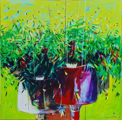 TAMER BİLGİÇ — “İsimsiz”, 2006 "İsimsiz" eseri TAMER BİLGİÇ tarafından 2006 yılında 120x120 cm ölçülerinde Tuval üzeri akrilik boya tekniği ile yapılmıştır.
