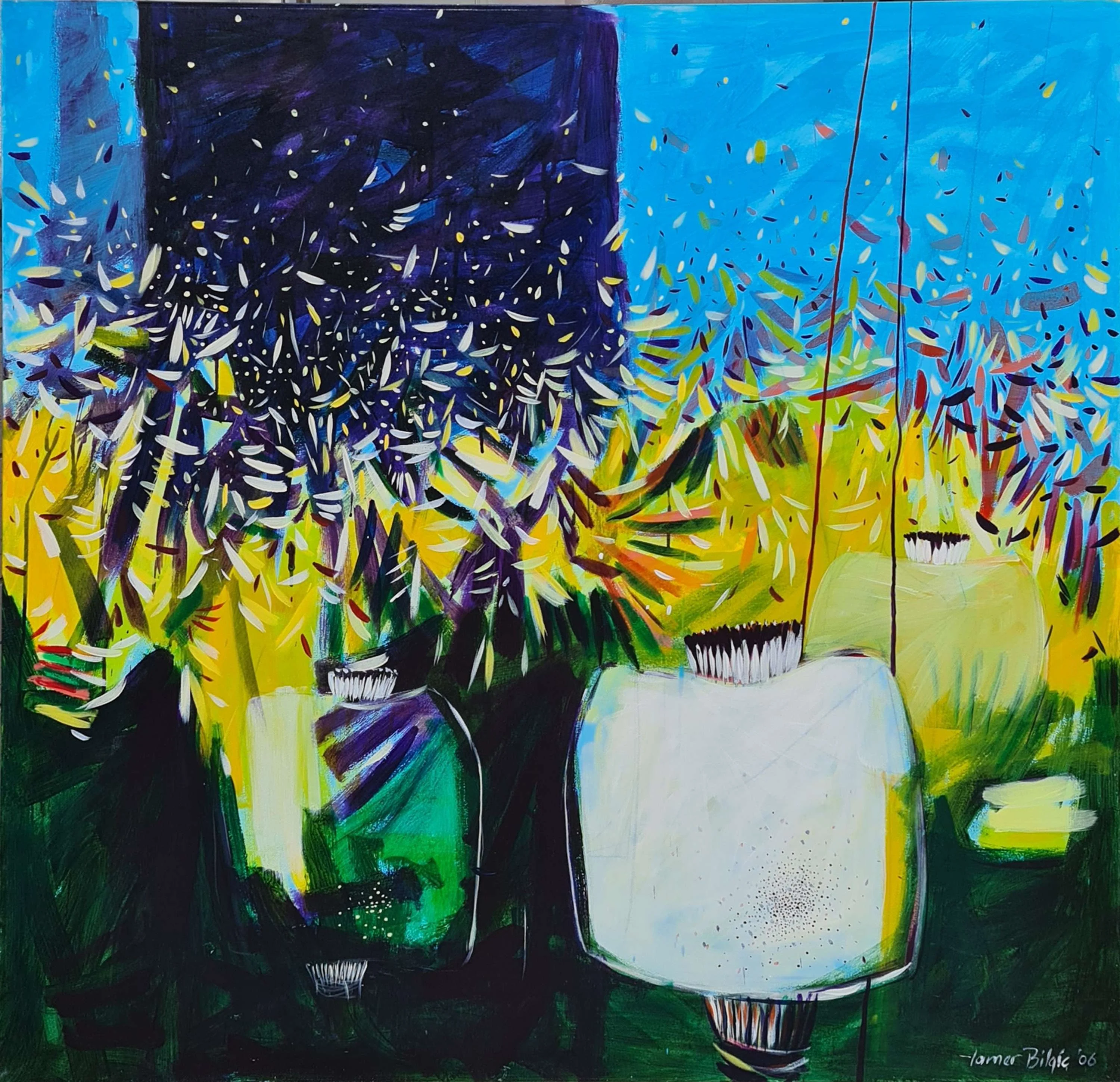 "İsimsiz" eseri TAMER BİLGİÇ tarafından 2006 yılında 120x120 cm ölçülerinde Tuval üzeri akrilik boya tekniği ile yapılmıştır.