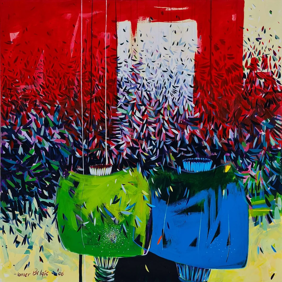 "İsimsiz" eseri TAMER BİLGİÇ tarafından 2006 yılında 130x130 cm ölçülerinde Tuval üzeri akrilik boya tekniği ile yapılmıştır.