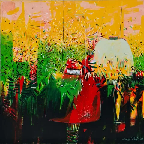 TAMER BİLGİÇ — “İsimsiz”, 2006 "İsimsiz" eseri TAMER BİLGİÇ tarafından 2006 yılında 140x140 cm ölçülerinde Tuval üzeri akrilik boya tekniği ile yapılmıştır.