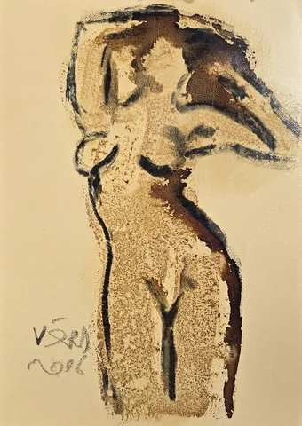 VEDAT ÖRS — “İsimsiz”, 2006 "İsimsiz" eseri VEDAT ÖRS tarafından 2006 yılında 30x21 cm ölçülerinde Derici kağıdı üzerine zift tekniği ile yapılmıştır.