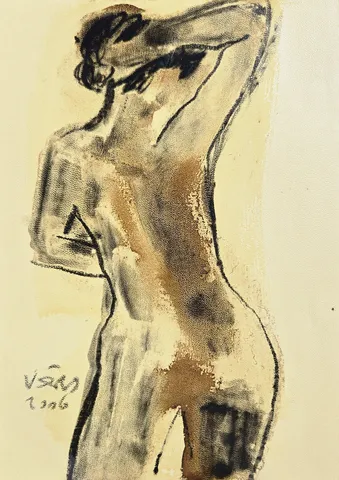 VEDAT ÖRS — “İsimsiz”, 2006 "İsimsiz" eseri VEDAT ÖRS tarafından 2006 yılında 30x21 cm ölçülerinde Derici kağıdı üzerine zift tekniği ile yapılmıştır.