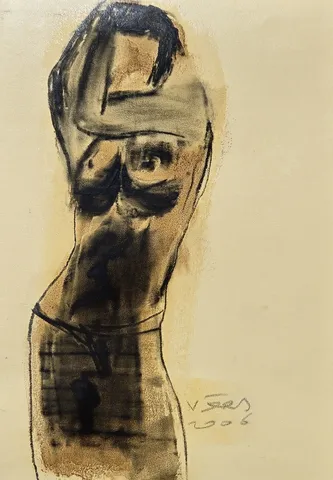 VEDAT ÖRS — “İsimsiz”, 2006 "İsimsiz" eseri VEDAT ÖRS tarafından 2006 yılında 42x30 cm ölçülerinde Derici kağıdı üzerine zift tekniği ile yapılmıştır.