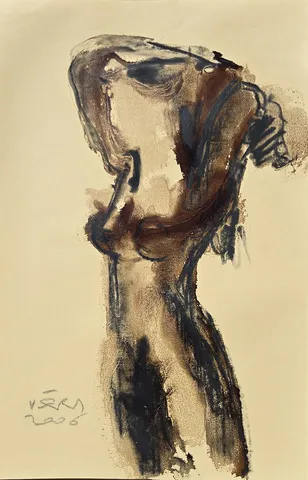 VEDAT ÖRS — “İsimsiz”, 2006 "İsimsiz" eseri VEDAT ÖRS tarafından 2006 yılında 60x40 cm ölçülerinde Derici kağıdı üzerine zift tekniği ile yapılmıştır.